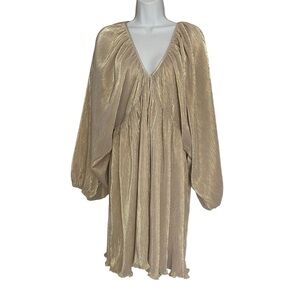 Mable Gold Plunge Neck Flowy Pleated Cocktail Dress Balloon Long Sleeve Mini L
